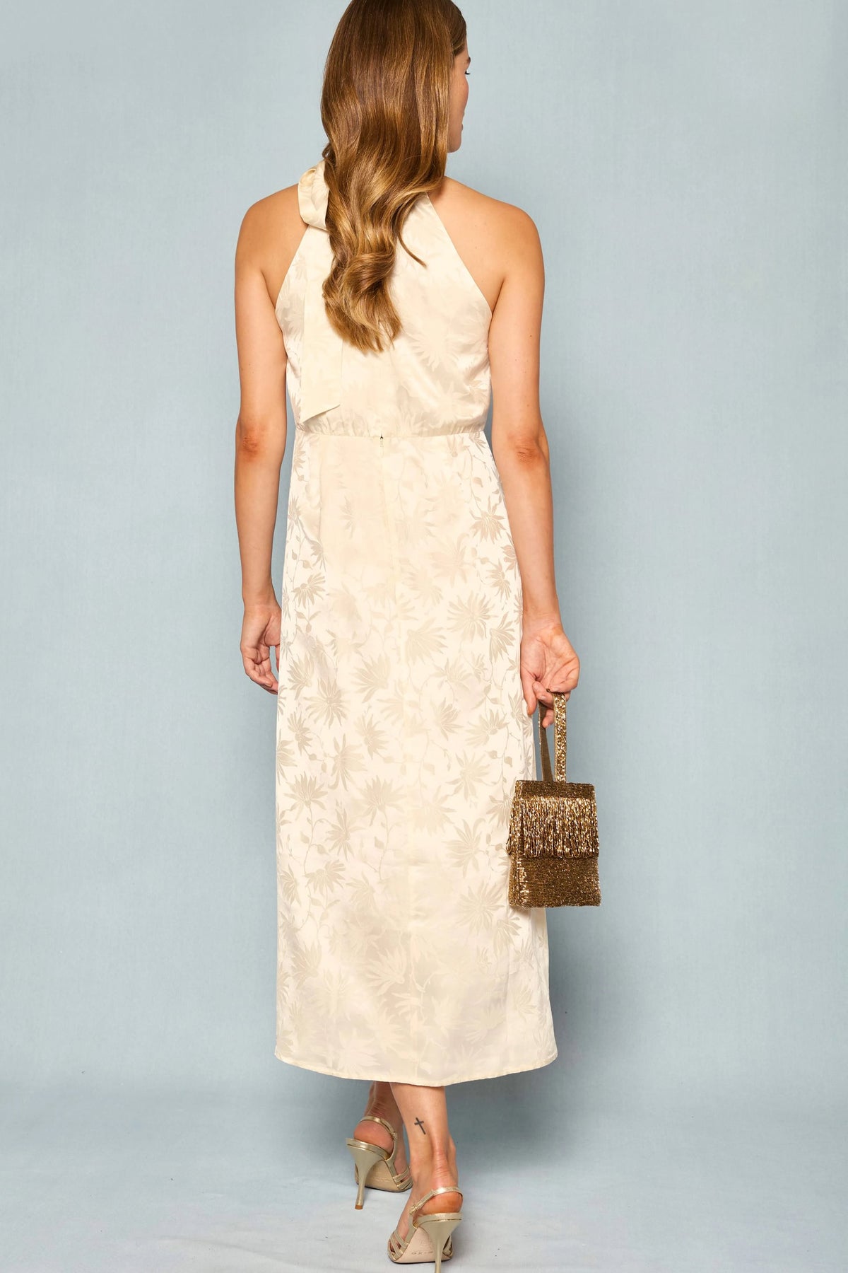 Valerie Silk Midi Dress in Cream Daisy Jacquard Champagne | RIXO USA Valerie Silk Midi Dress in Cream Daisy Jacquard Champagne | RIXO USA