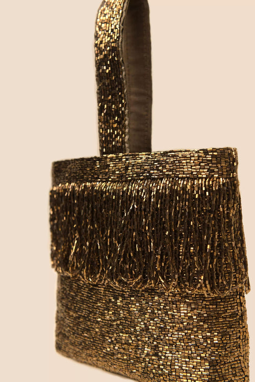 RIXO Gold Solid Beaded Silk Bag