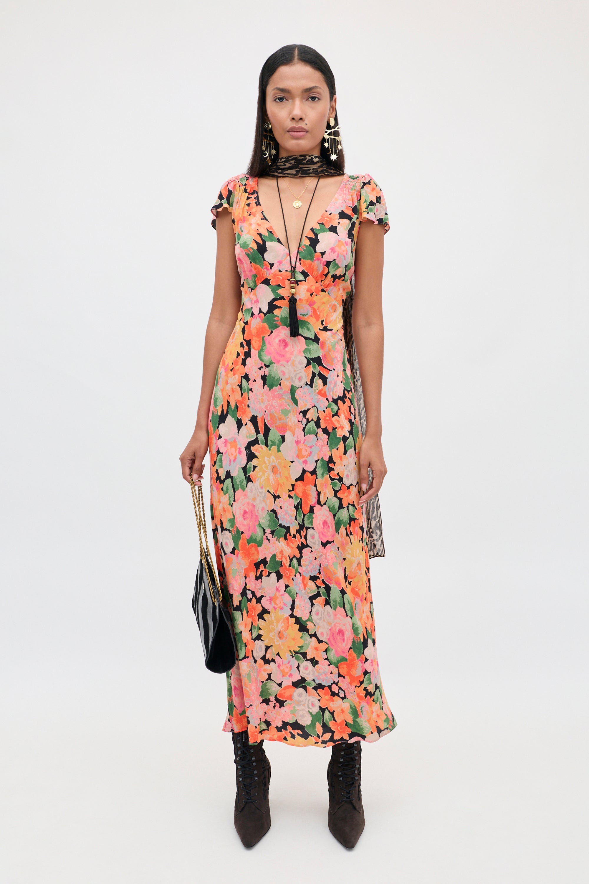 Cathy Midi Dress in Orange Chelsea Floral Black | RIXO ⋆