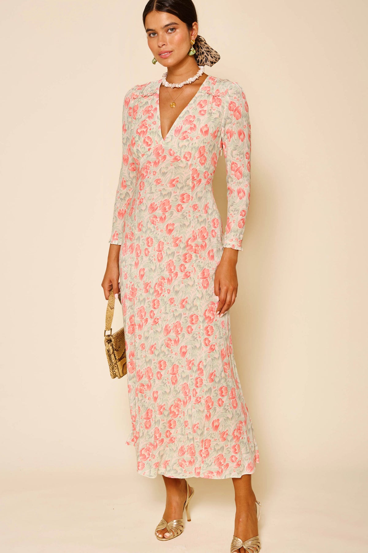 Clover Midi Dress in Pink Tulip Fields Coral | RIXO USA Clover Midi Dress in Pink Tulip Fields Coral | RIXO USA