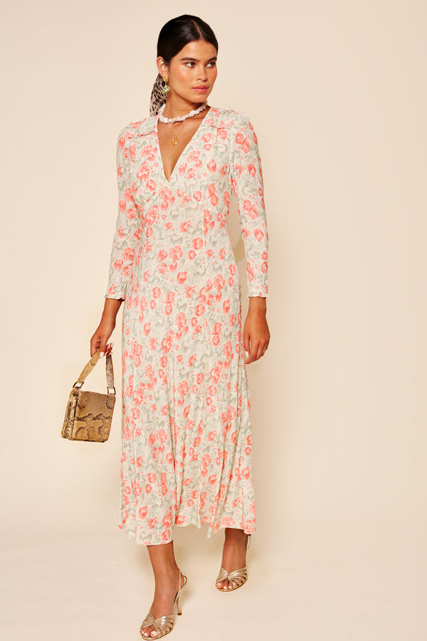 Clover Midi Dress in Pink Tulip Fields Coral | RIXO USA Clover Midi Dress in Pink Tulip Fields Coral | RIXO USA