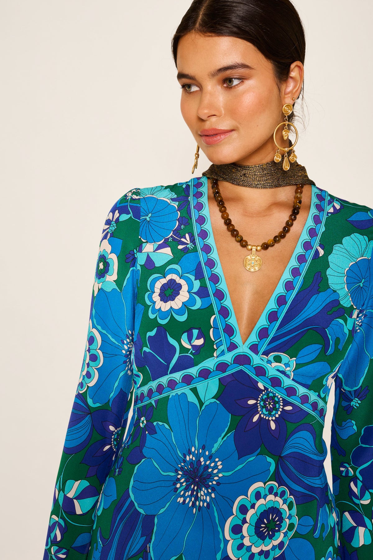 Tania Silk Midi Dress in Blue Miami Floral Emerald | RIXO Tania Silk Midi Dress in Blue Miami Floral Emerald | RIXO