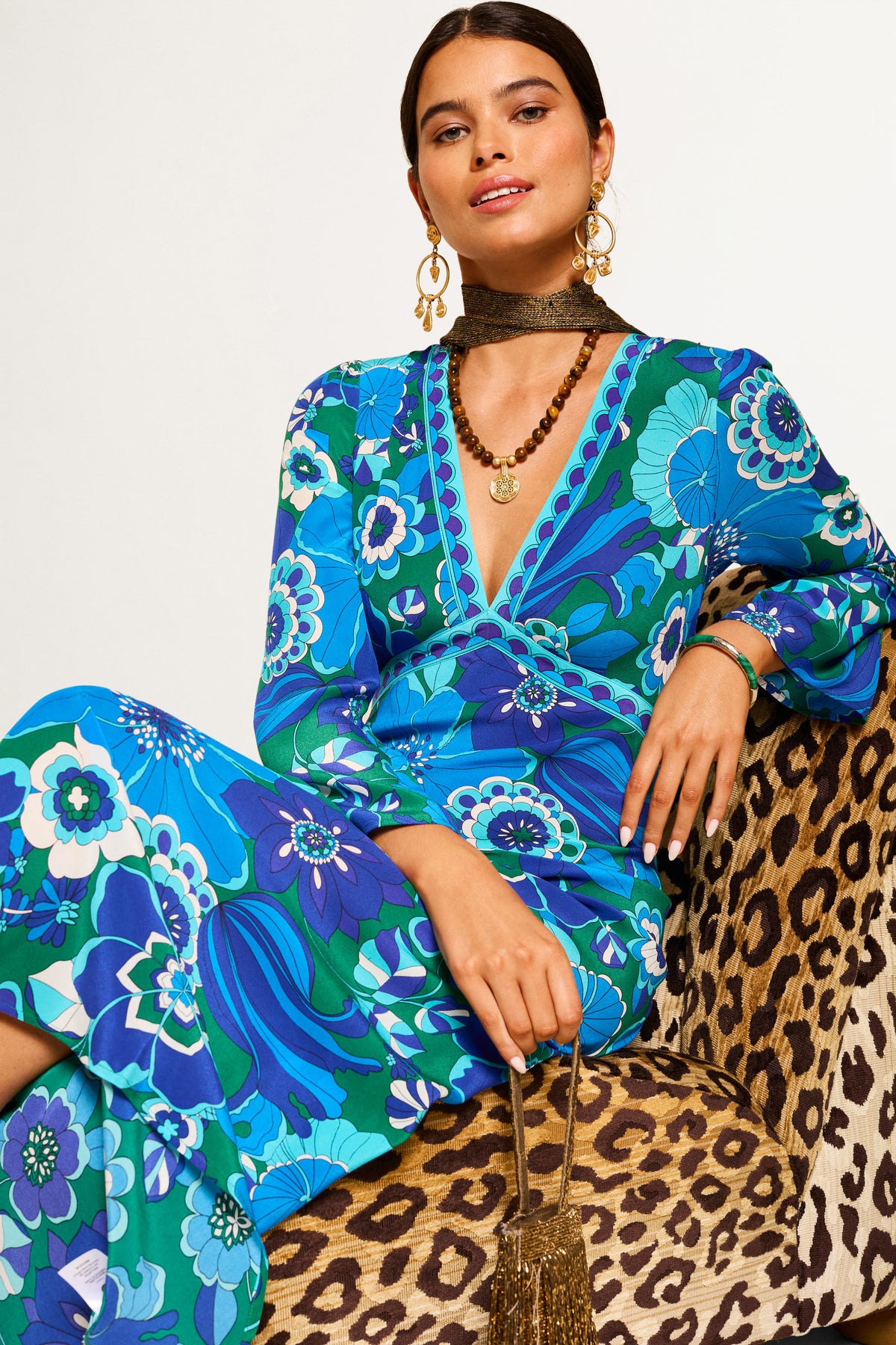 Tania Silk Midi Dress in Blue Miami Floral Emerald | RIXO USA Tania Silk Midi Dress in Blue Miami Floral Emerald | RIXO USA
