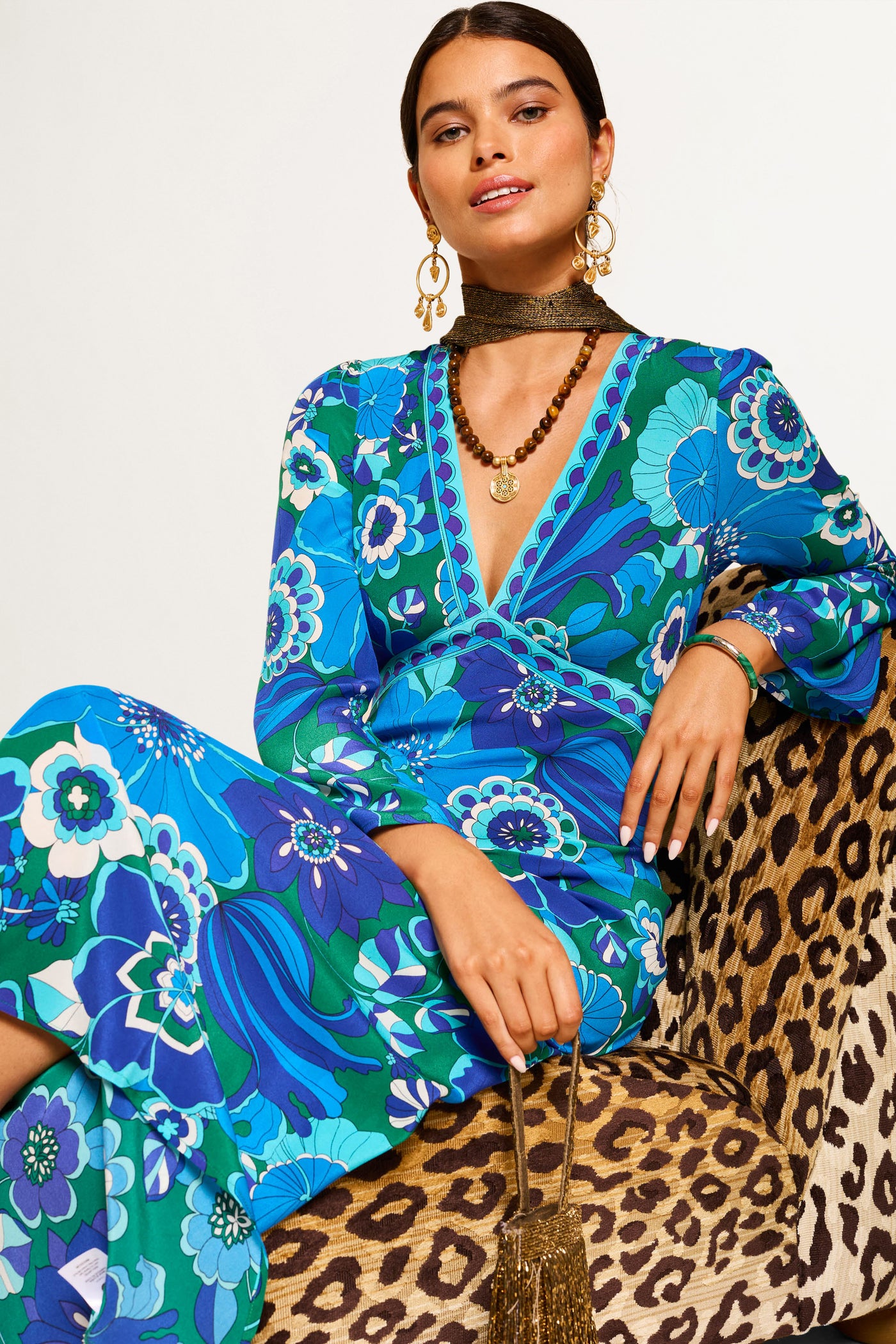 Tania Silk Midi Dress in Blue Miami Floral Emerald | RIXO Tania Silk Midi Dress in Blue Miami Floral Emerald | RIXO