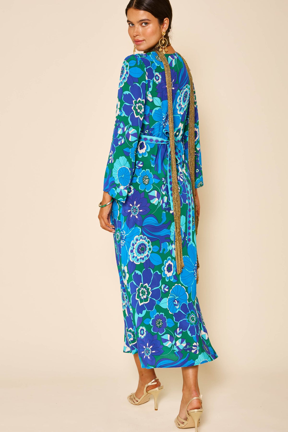 Tania Silk Midi Dress in Blue Miami Floral Emerald | RIXO Tania Silk Midi Dress in Blue Miami Floral Emerald | RIXO