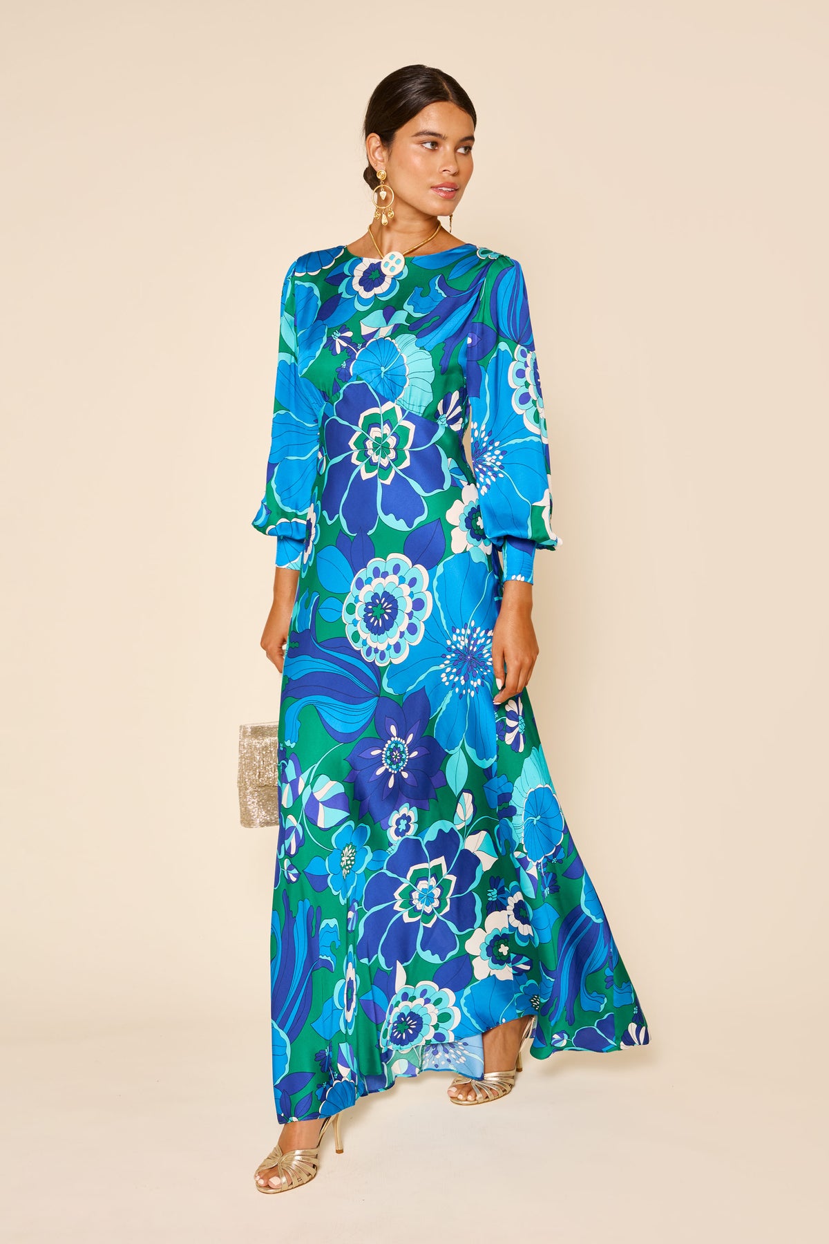 Marni Backless Satin Gown in Blue Miami Floral Emerald | RIXO USA Marni Backless Satin Gown in Blue Miami Floral Emerald | RIXO USA