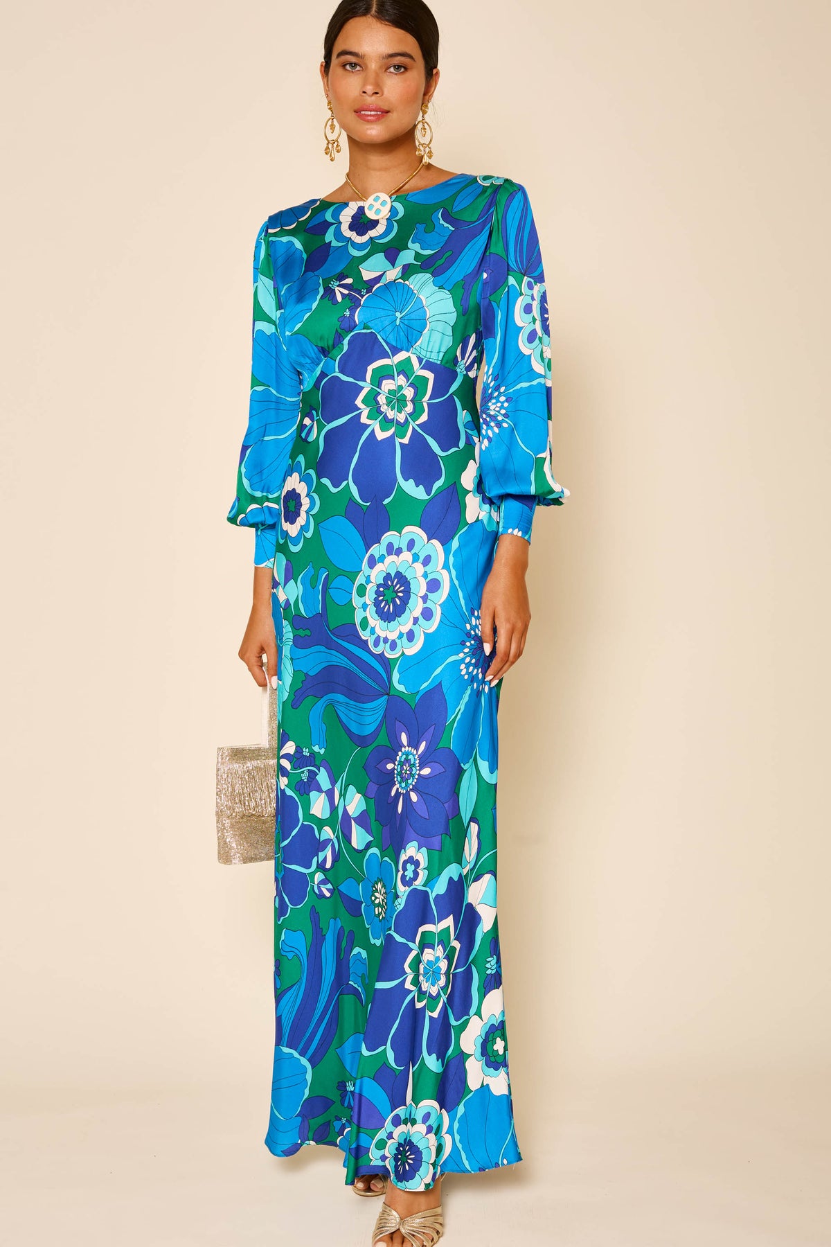 Marni Backless Satin Gown in Blue Miami Floral Emerald | RIXO USA Marni Backless Satin Gown in Blue Miami Floral Emerald | RIXO USA