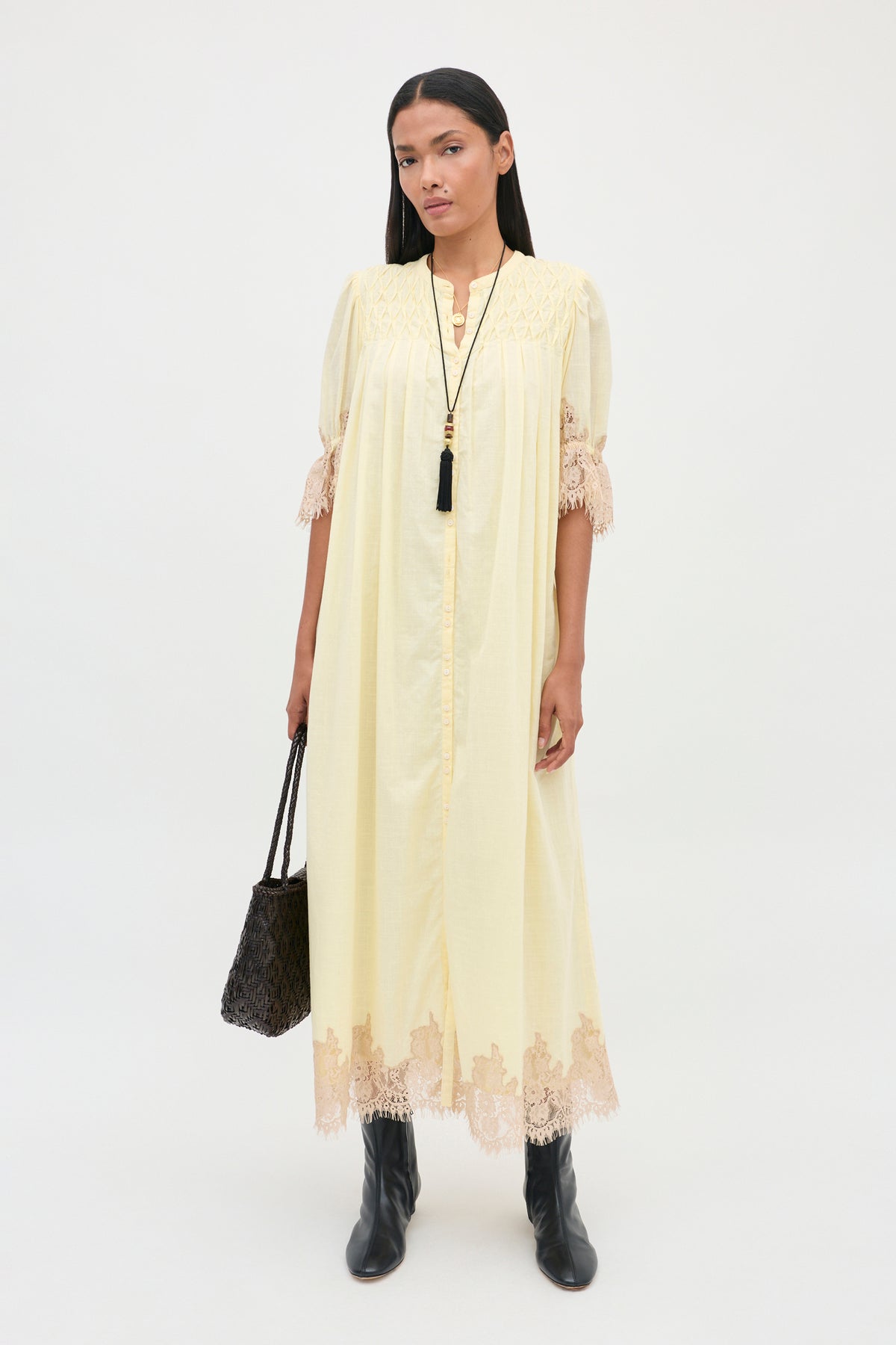 lemon yellow midi dress Lorela Cotton in Fit Model is 5’7 Xatia Off White Jacquard Color:Blue Island Stripe Type:Mini Dress