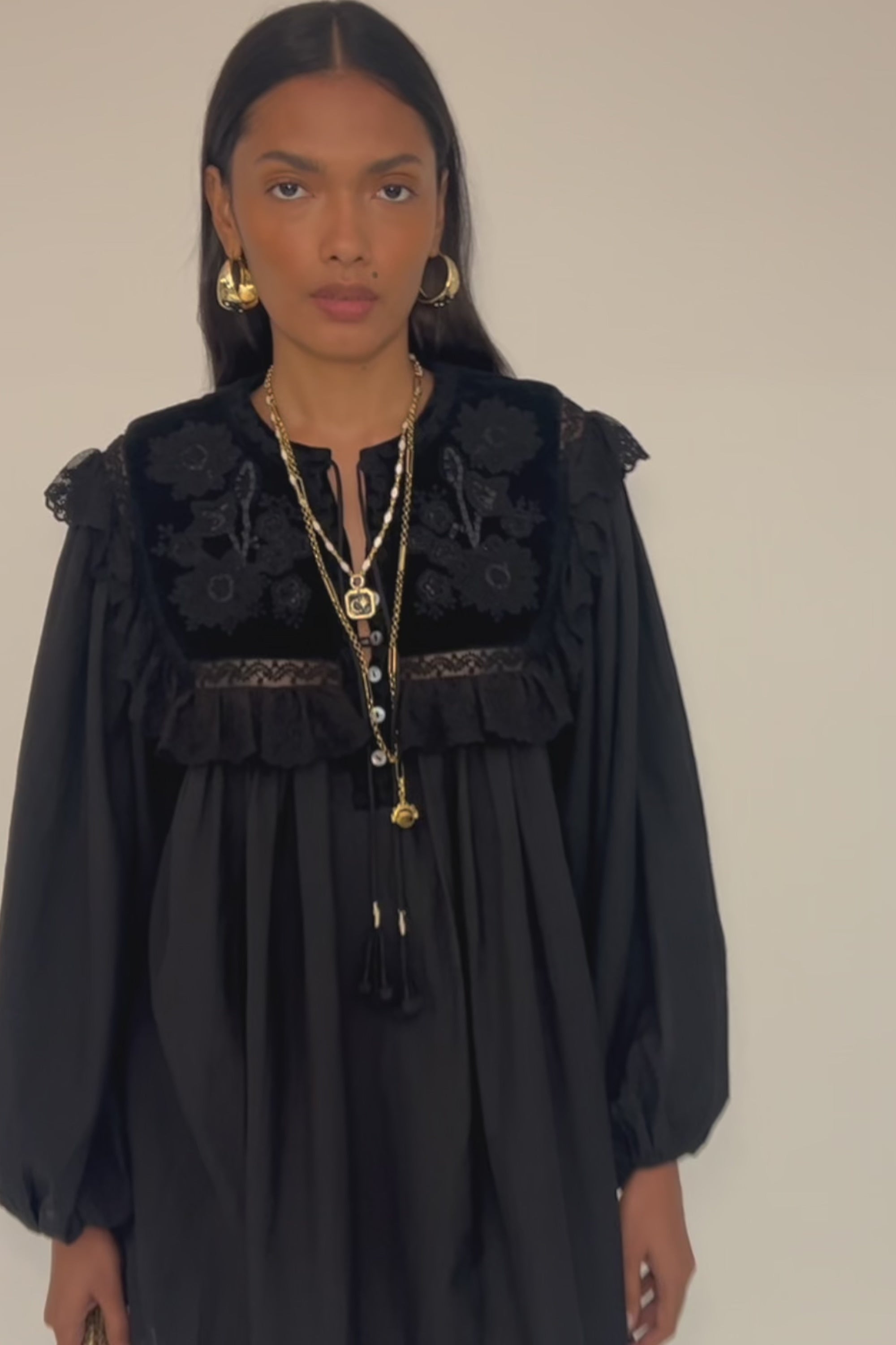 Inez Velvet Embroidered Mini Dress in Lilly Embroidery Black