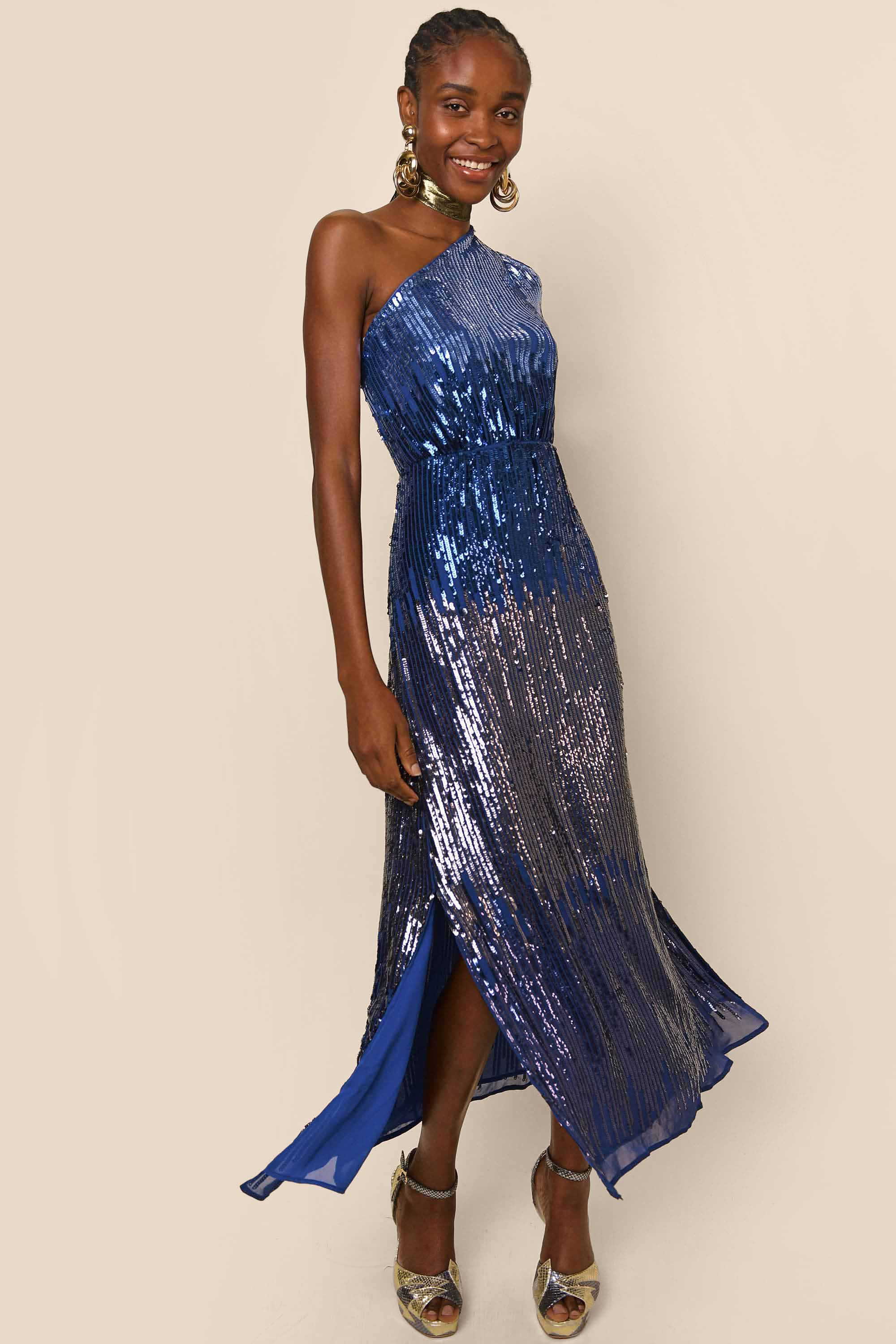 Backless Long Blue Sequin Prom Dress - PromGirl
