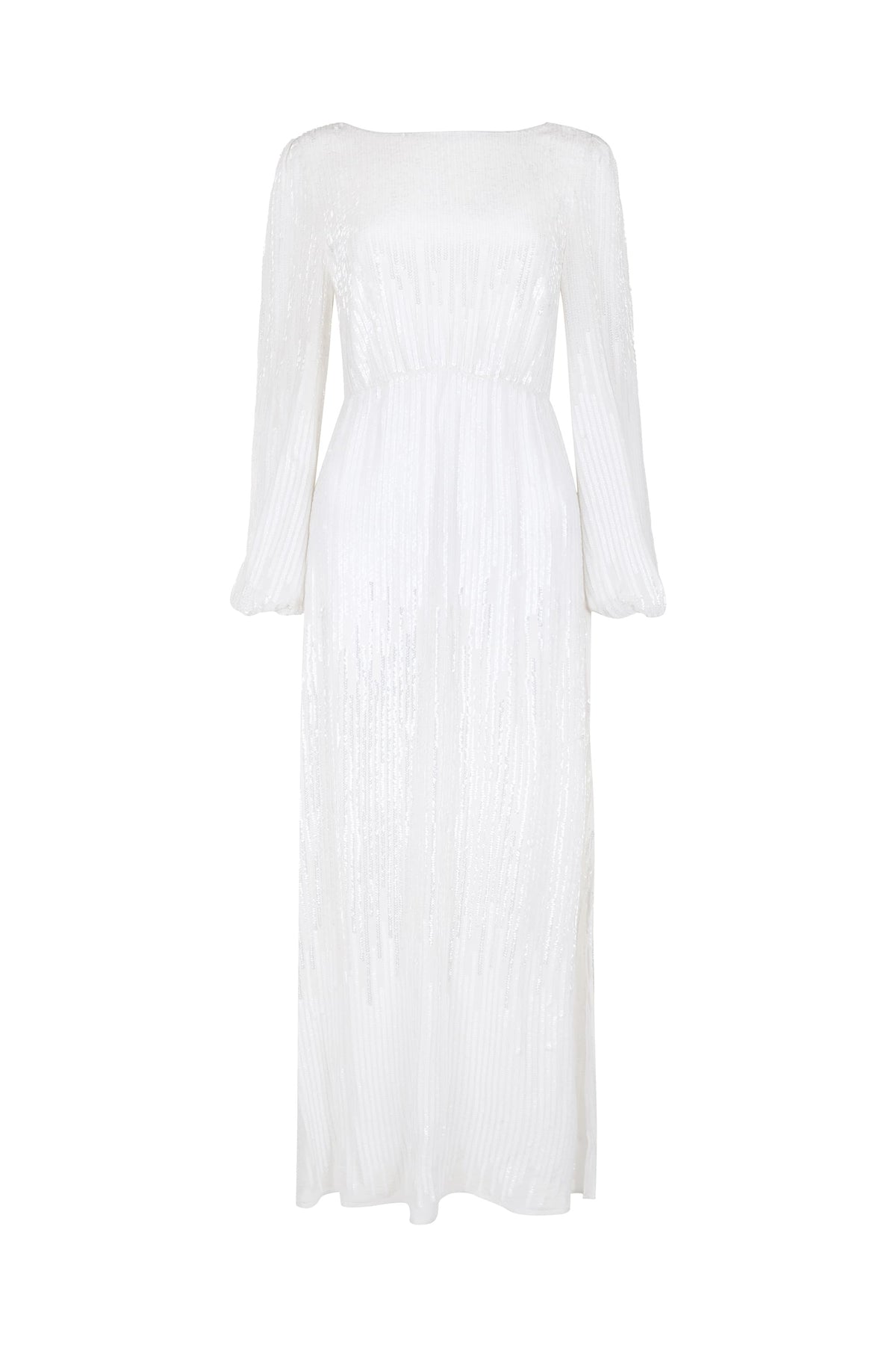 The Coco - Ivory is a long white vintage wedding gown featuring long sleeves, subtle pleats, and a gently cinched waist. Its fabric has a soft sheen, adding an elegant and formal touch.