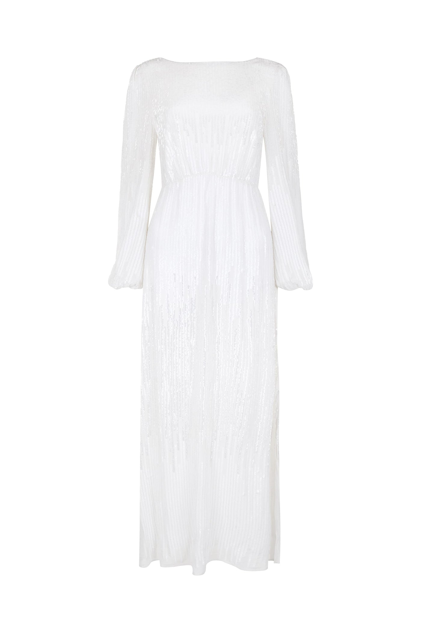 The Coco - Ivory is a long white vintage wedding gown featuring long sleeves, subtle pleats, and a gently cinched waist. Its fabric has a soft sheen, adding an elegant and formal touch.