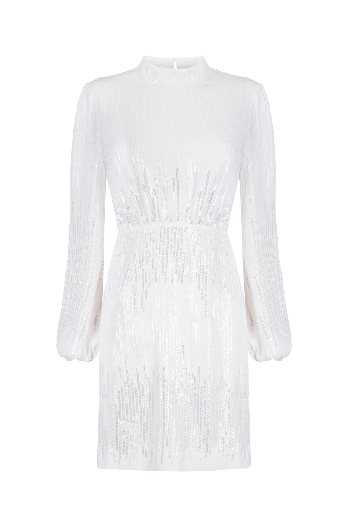 The lara - ivory black bow is a white long-sleeve mini dress with a high neckline, vertical sequin accents for shimmer, fitted waist, puffed sleeves, and a chic black bow. Perfect for bridal occasions or elegant events.