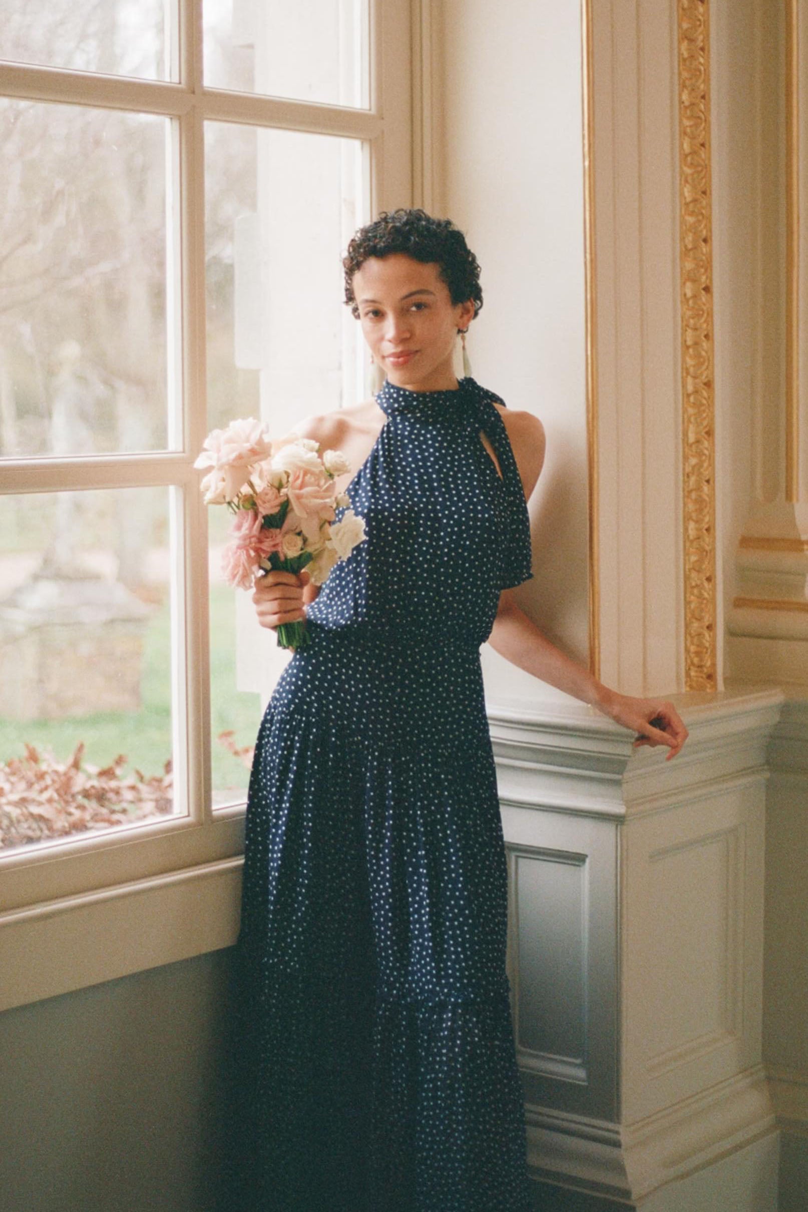 Navy polka store dot halter dress