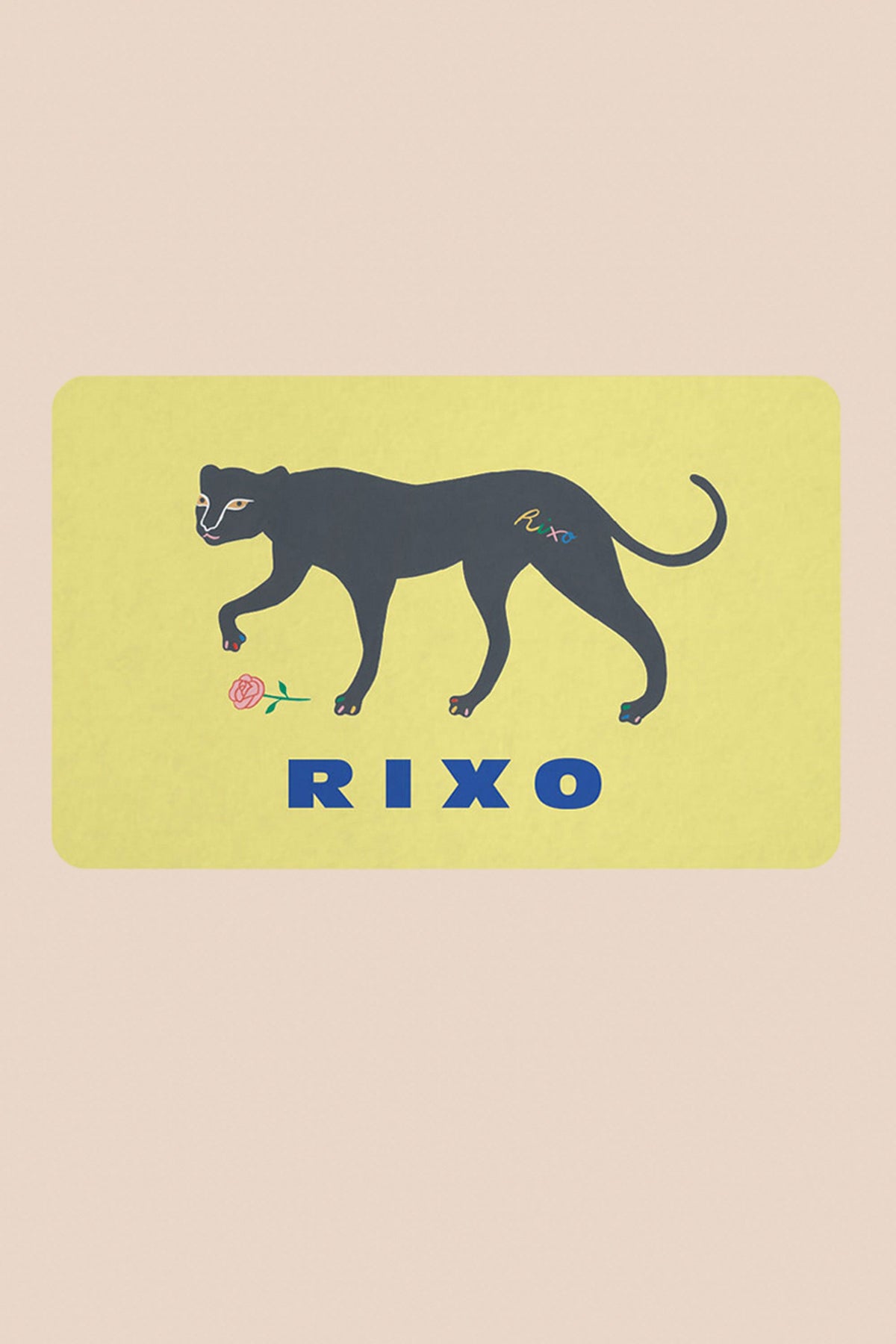A simple illustration of a black panther with a rose and "Rixo" on its body walks on a yellow background, with "RIXO" below in bold blue letters. Vintage-inspired design for the RIXO Gift Card.