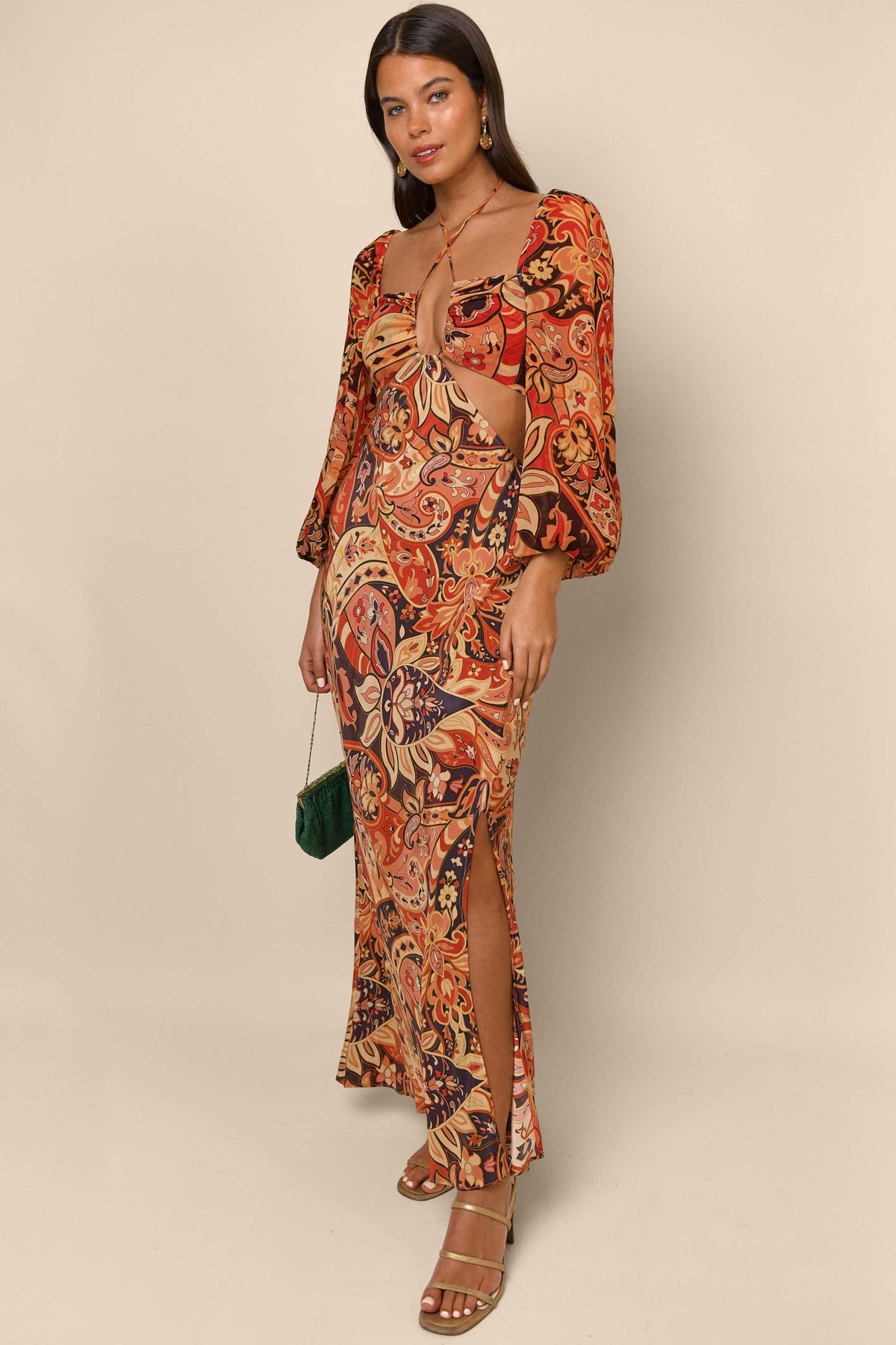 Kamilla Cutout Midi Dress in Brown Grace Paisley Canyon | RIXO USA