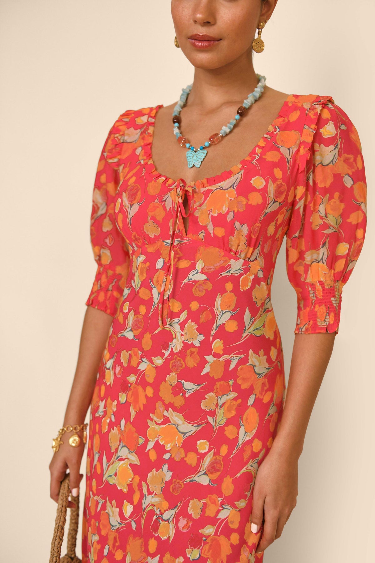 Sathya Midi Dress in Red Fontainhas Floral Coral | RIXO USA Sathya Midi Dress in Red Fontainhas Floral Coral | RIXO USA